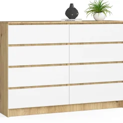 Commode AKORD K140 Chêne Artisan 138 cm 8 tiroirs façade Blanche 138x40x99 cm
