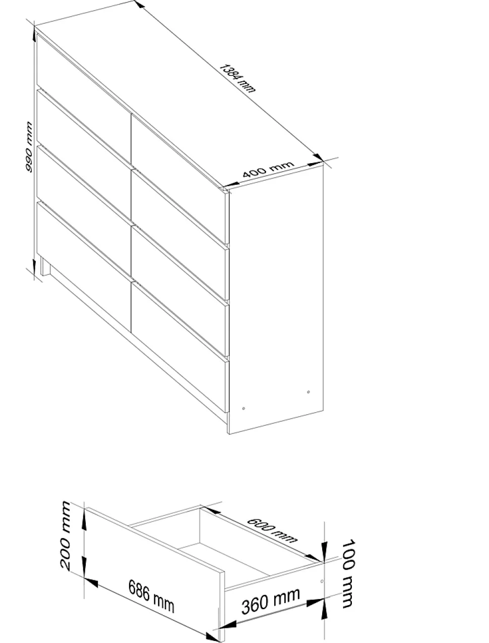Commode AKORD K140 Chêne Artisan 138 cm 8 tiroirs façade Blanche 138x40x99 cm