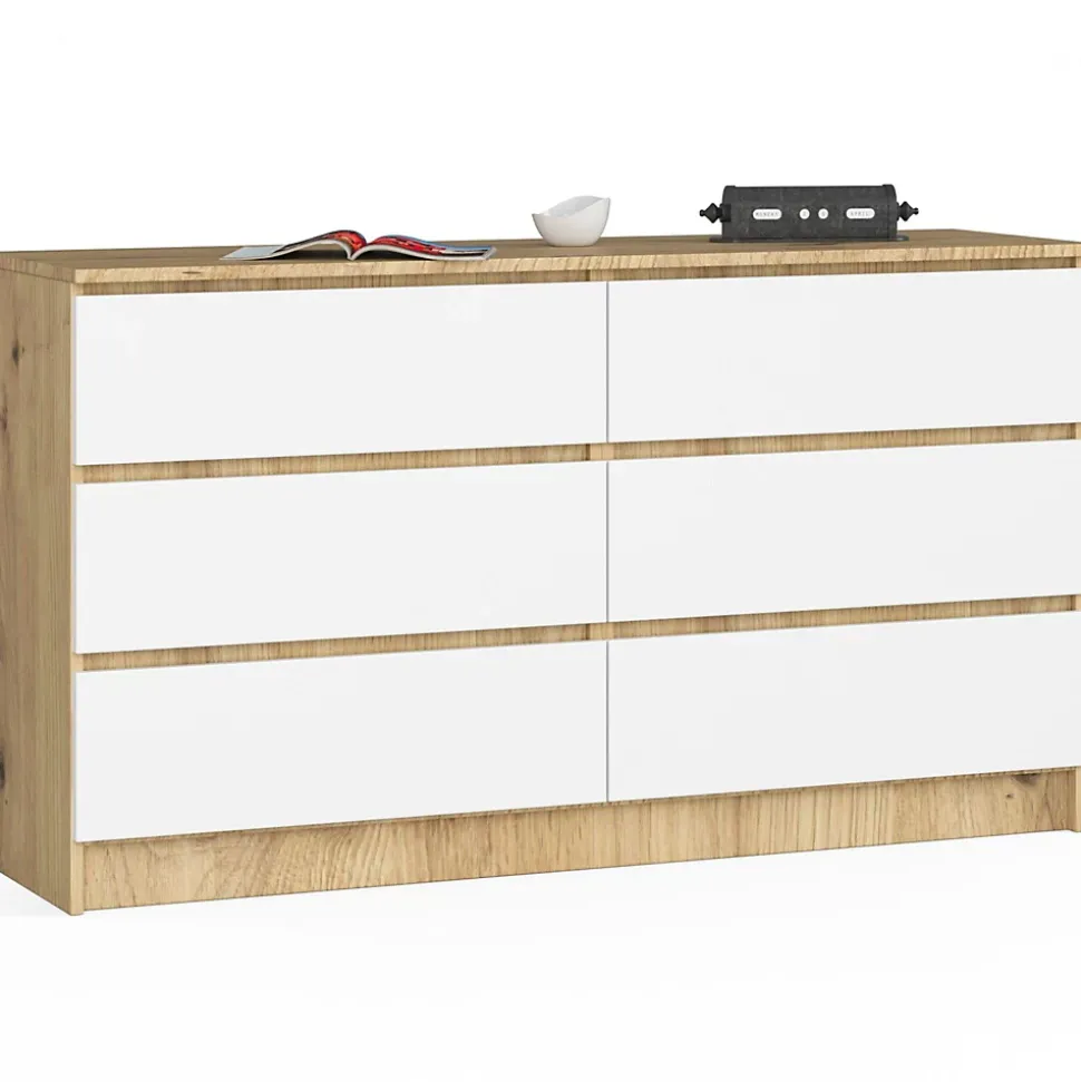 Commode AKORD K140 Chêne Artisan 138 cm 6 tiroirs façade Blanche 138x40x77 cm