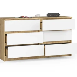 Commode AKORD K140 Chêne Artisan 138 cm 6 tiroirs façade Blanche 138x40x77 cm