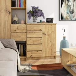 Commode AKORD K80 Chêne Artisan 80 cm 1 porte 5 tiroirs 3 étagères 80x35x97 cm
