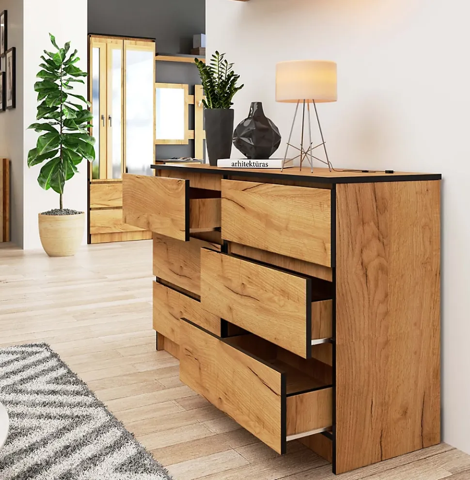 Commode AKORD K120 Chêne Craft 120 cm 6 tiroirs façade Chêne Craft 120x40x77 cm