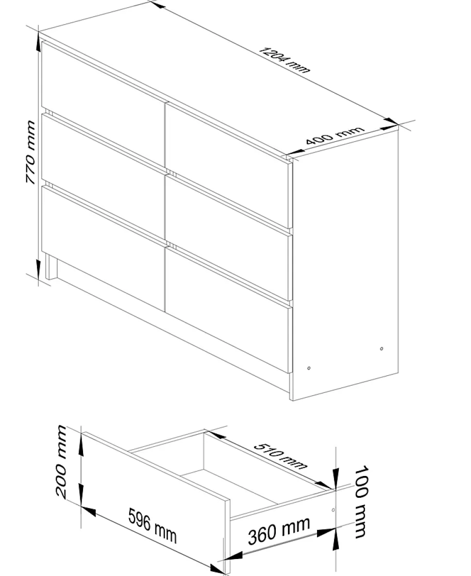 Commode AKORD K120 Chêne Craft 120 cm 6 tiroirs façade Chêne Craft 120x40x77 cm