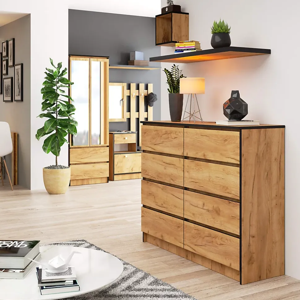 Commode AKORD K120 Chêne Craft 120 cm 8 tiroirs façade Chêne Craft 120x40x99 cm