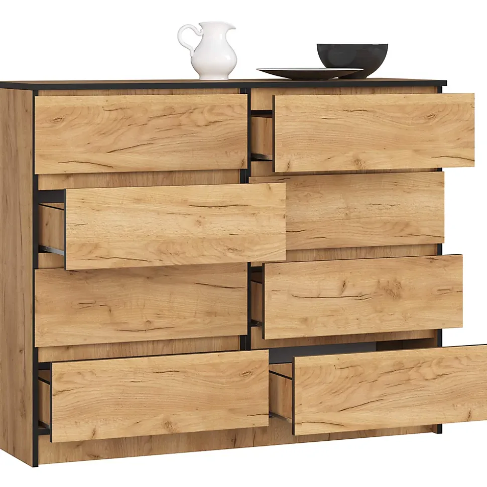 Commode AKORD K120 Chêne Craft 120 cm 8 tiroirs façade Chêne Craft 120x40x99 cm