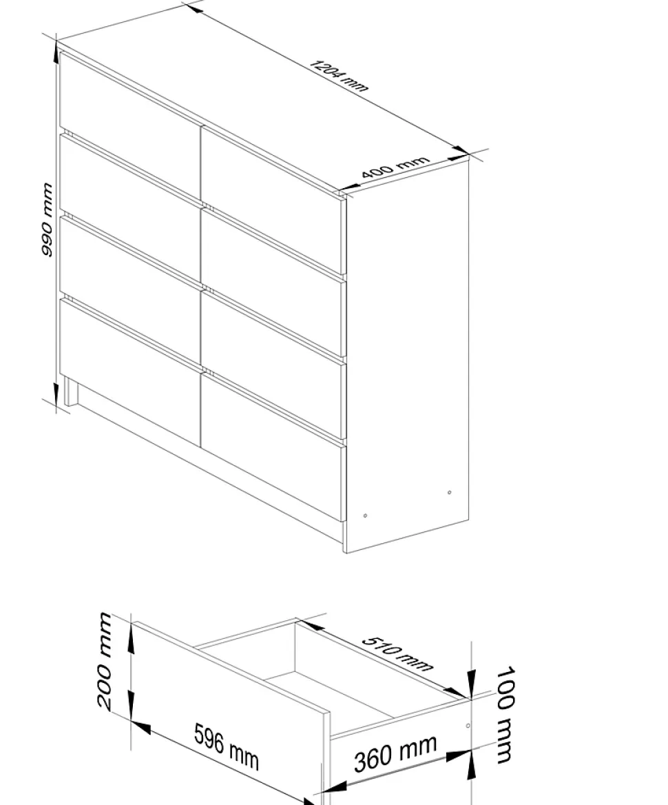 Commode AKORD K120 Chêne Craft 120 cm 8 tiroirs façade Chêne Craft 120x40x99 cm