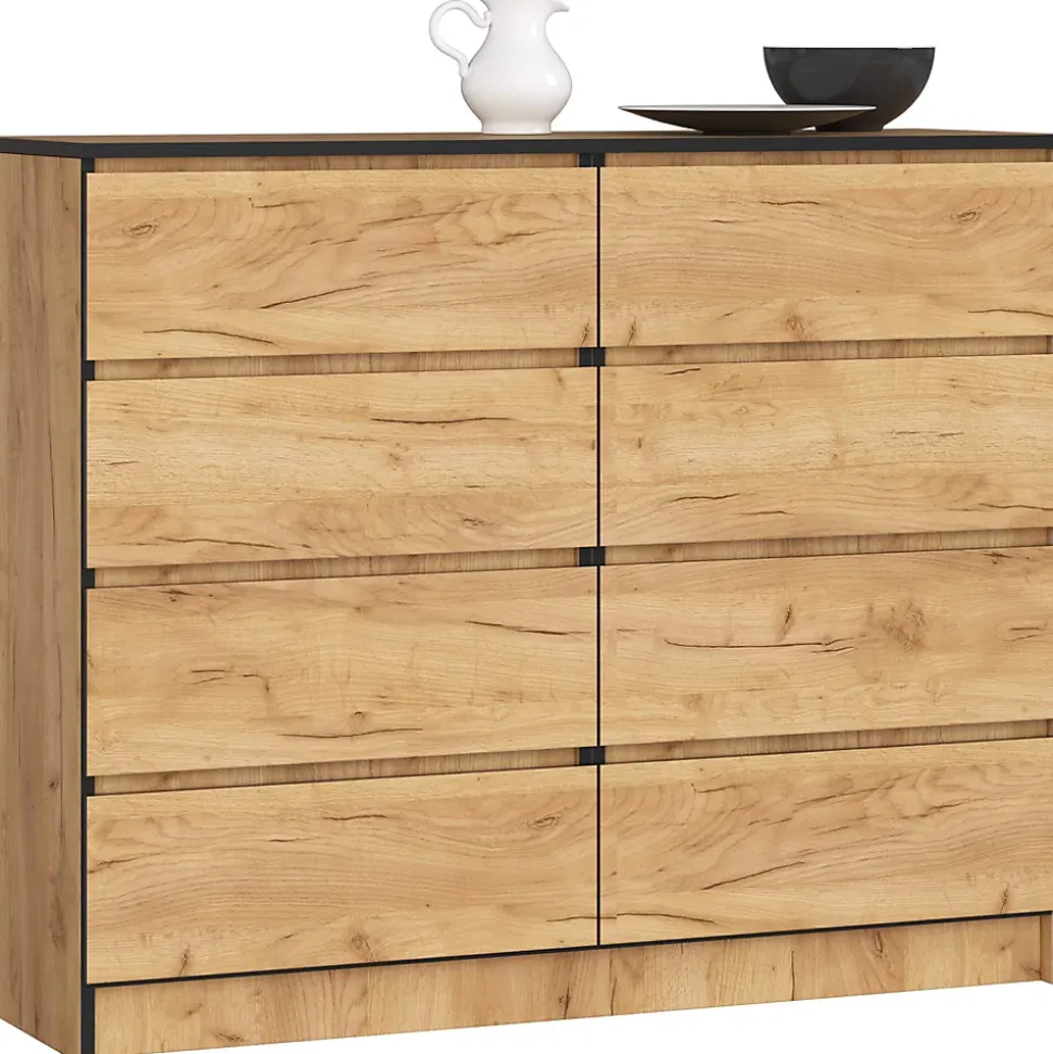 Commode AKORD K120 Chêne Craft 120 cm 8 tiroirs façade Chêne Craft 120x40x99 cm