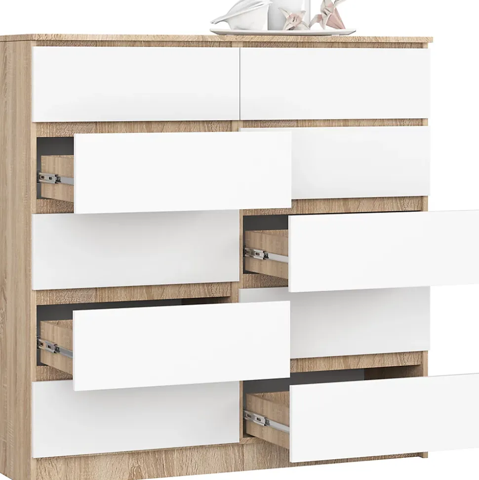 Commode AKORD K120 Chêne Sonoma 120 cm 10 tiroirs façade Blanche 120x40x121 cm