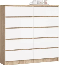 Commode AKORD K120 Chêne Sonoma 120 cm 10 tiroirs façade Blanche 120x40x121 cm