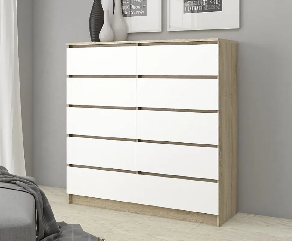 Commode AKORD K120 Chêne Sonoma 120 cm 10 tiroirs façade Blanche 120x40x121 cm