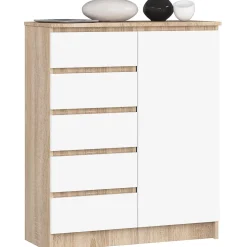 Commode AKORD K80 Chêne Sonoma 80 cm 1 porte 5 tiroirs façade Blanche 3 étagères 80x35x97 cm
