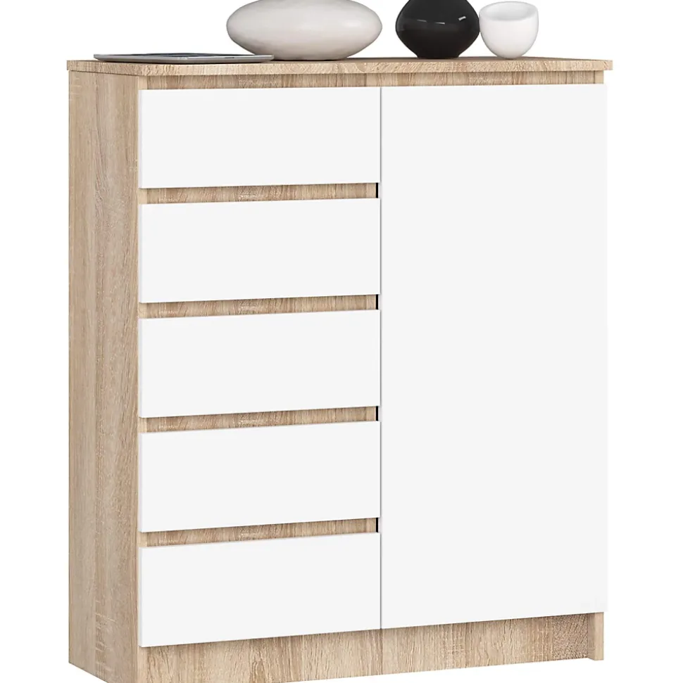 Commode AKORD K80 Chêne Sonoma 80 cm 1 porte 5 tiroirs façade Blanche 3 étagères 80x35x97 cm