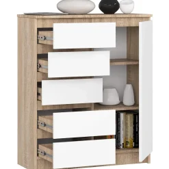 Commode AKORD K80 Chêne Sonoma 80 cm 1 porte 5 tiroirs façade Blanche 3 étagères 80x35x97 cm