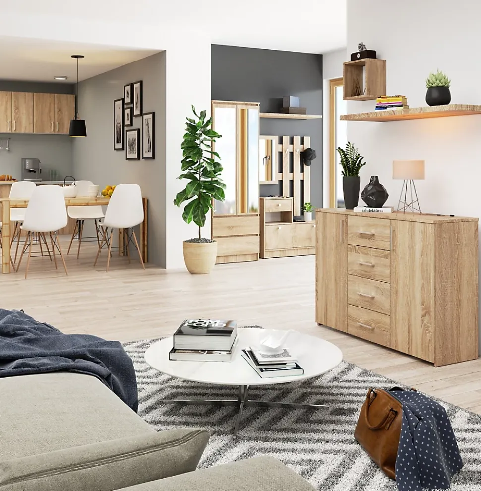 Commode AKORD K45 Chêne Sonoma 110 cm 2 portes 4 tiroirs façade Chêne Sonoma 4 étagères 110x35x80 cm