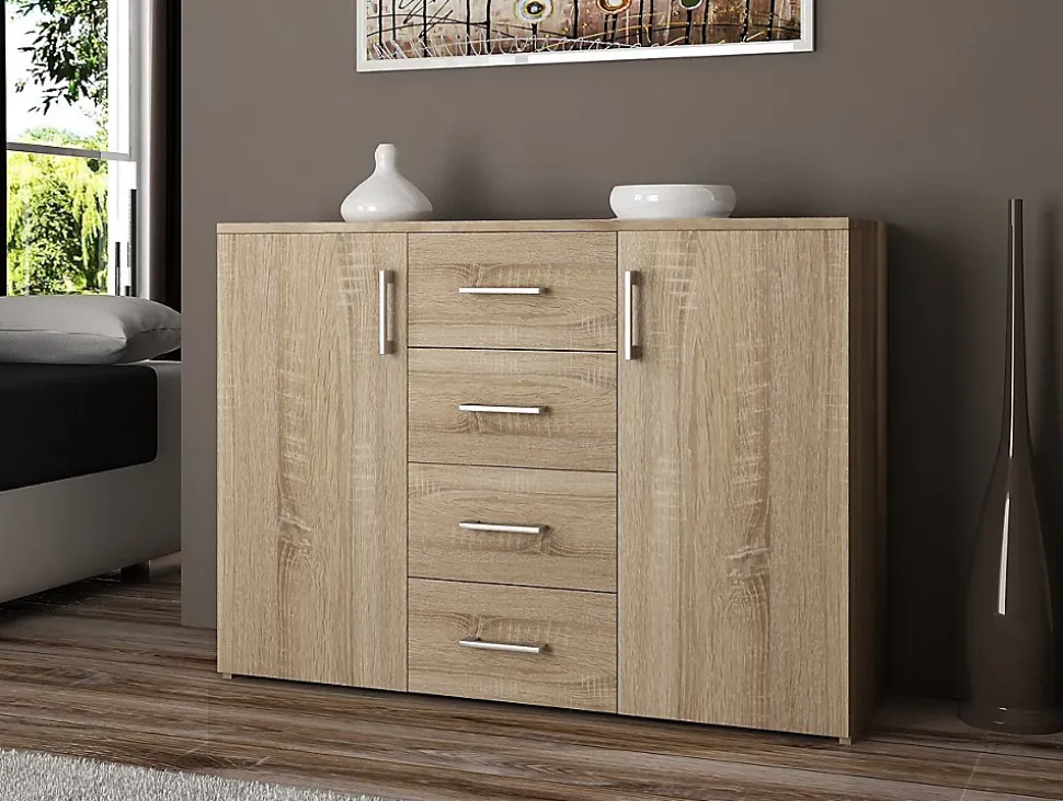 Commode AKORD K45 Chêne Sonoma 110 cm 2 portes 4 tiroirs façade Chêne Sonoma 4 étagères 110x35x80 cm