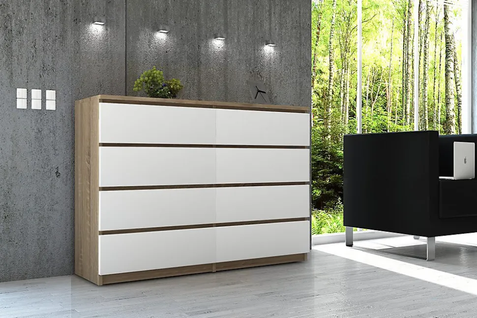 Commode AKORD K120 Chêne Sonoma 120 cm 8 tiroirs façade Blanche 120x40x99 cm