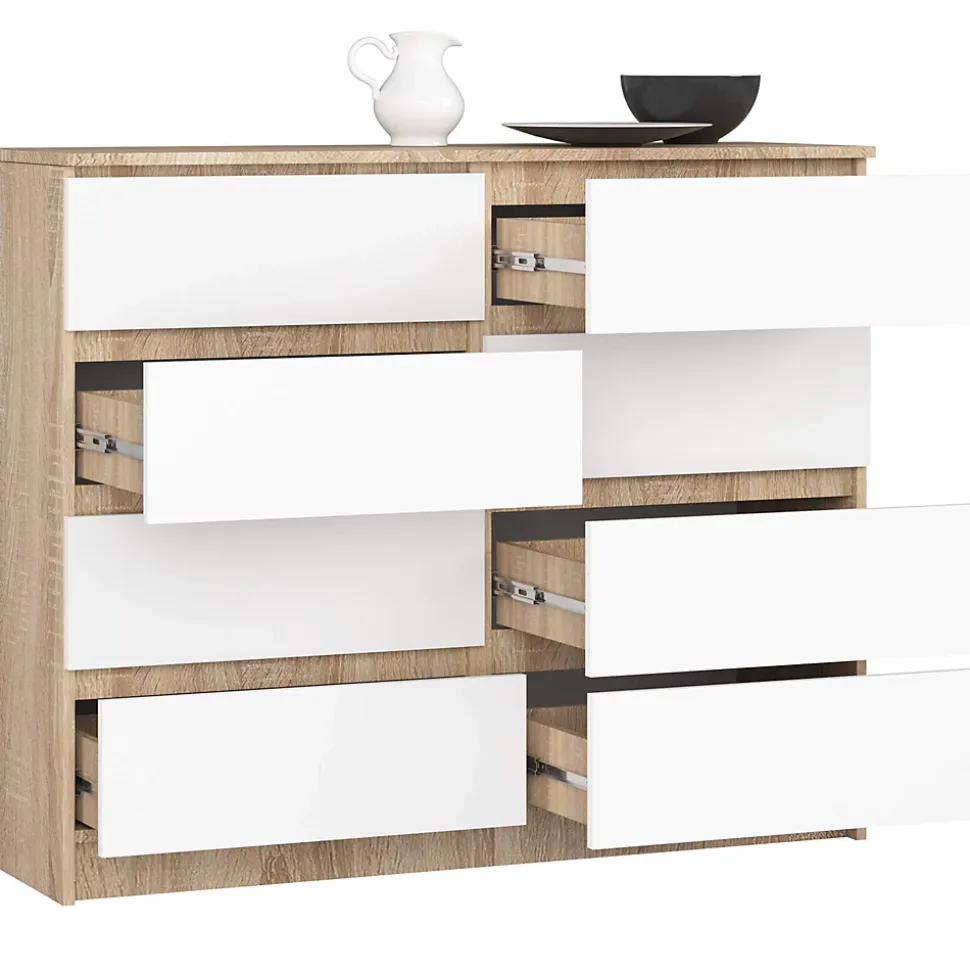 Commode AKORD K120 Chêne Sonoma 120 cm 8 tiroirs façade Blanche 120x40x99 cm