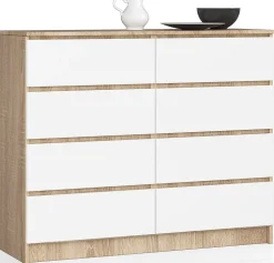 Commode AKORD K120 Chêne Sonoma 120 cm 8 tiroirs façade Blanche 120x40x99 cm