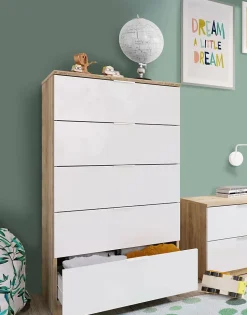 Commode Armenia, commode à 5 tiroirs, commode pour la chambre, commode moderne, 60x40h110 cm, chêne et blanc