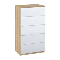 Commode Armenia, commode à 5 tiroirs, commode pour la chambre, commode moderne, 60x40h110 cm, chêne et blanc