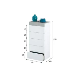 Commode Armo, commode 5 tiroirs, commode pour la chambre, commode moderne, 61x40h118 cm, blanc