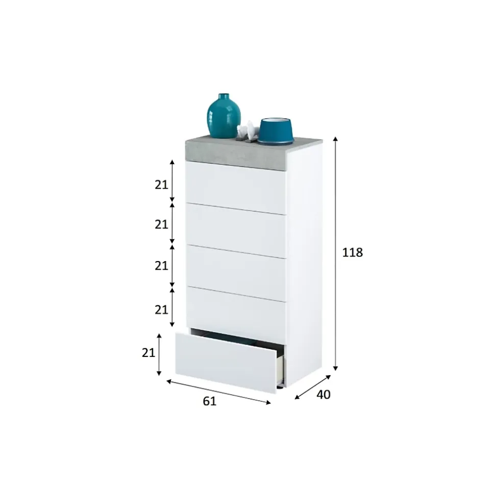 Commode Armo, commode 5 tiroirs, commode pour la chambre, commode moderne, 61x40h118 cm, blanc