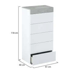 Commode Armo, commode 5 tiroirs, commode pour la chambre, commode moderne, 61x40h118 cm, blanc