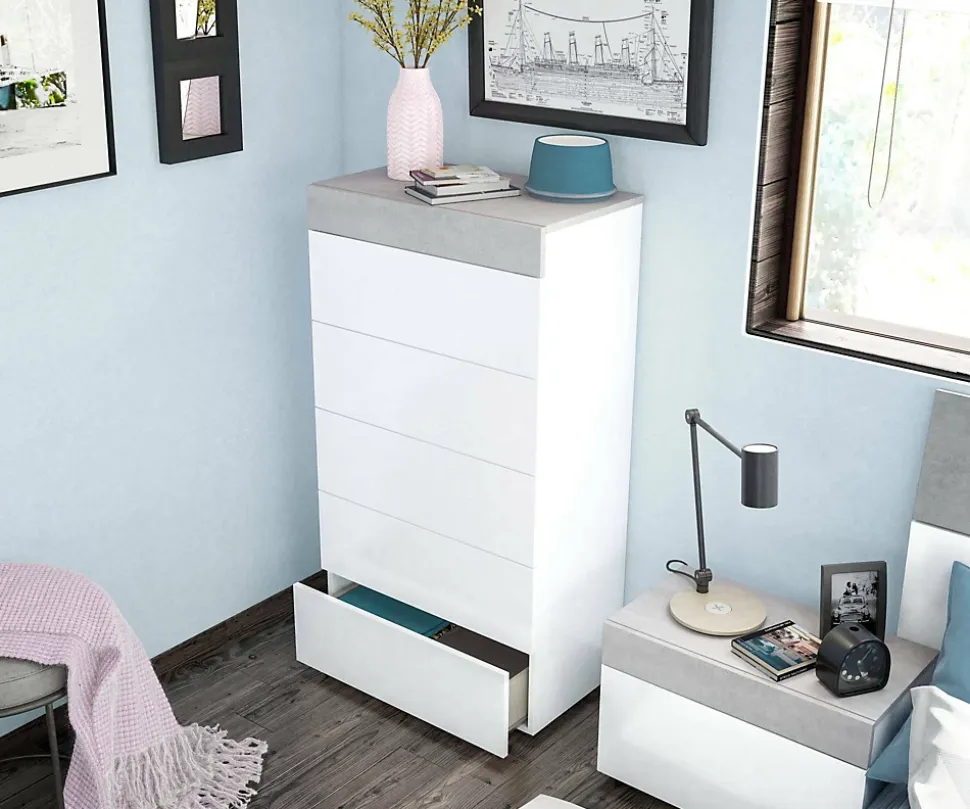 Commode Armo, commode 5 tiroirs, commode pour la chambre, commode moderne, 61x40h118 cm, blanc