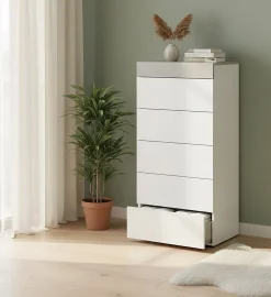 Commode Armo, commode 5 tiroirs, commode pour la chambre, commode moderne, 61x40h118 cm, blanc