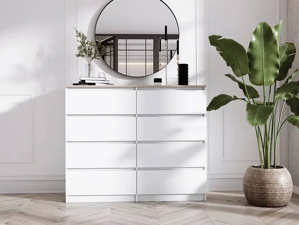 Commode Avec 8 Tiroirs, Blanc / Chêne Sonoma Top, 120 X 101 X 39 Cm