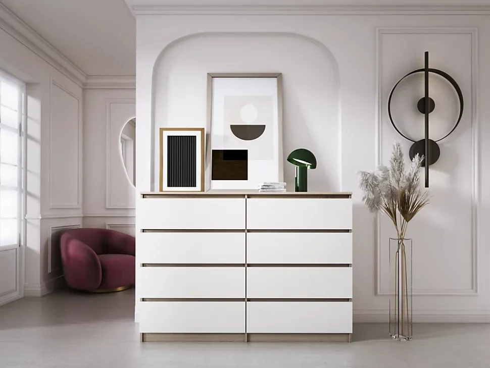 Commode Avec 8 Tiroirs, Chêne Sonoma / Blanc, 120 X 101 X 39 Cm