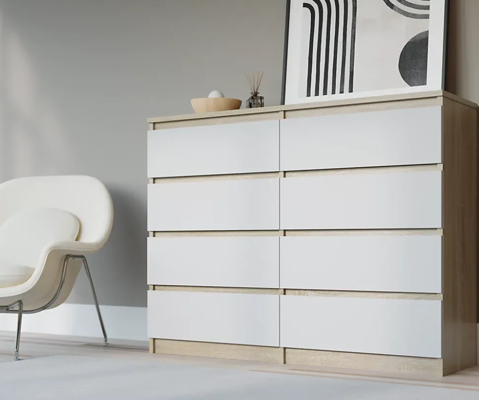 Commode Avec 8 Tiroirs, Chêne Sonoma / Blanc, 120 X 101 X 39 Cm