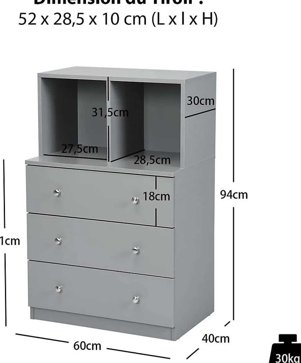 Commode avec 3 Tiroirs Coulissants 60x40x94CM,Organisateur de Rangement avec Dispositifs Anti-Basculement,Gris