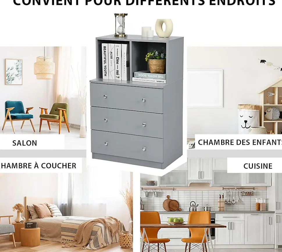 Commode avec 3 Tiroirs Coulissants 60x40x94CM,Organisateur de Rangement avec Dispositifs Anti-Basculement,Gris