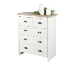 Commode avec 5 tiroirs design colonial 80x39,5xH97,5 cm, coloris blanc et plateau chene clair Collection MADERA