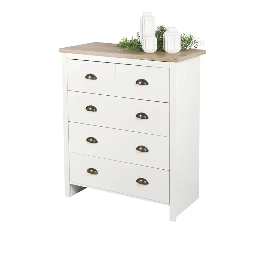 Commode avec 5 tiroirs design colonial 80x39,5xH97,5 cm, coloris blanc et plateau chene clair Collection MADERA