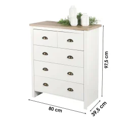 Commode avec 5 tiroirs design colonial 80x39,5xH97,5 cm, coloris blanc et plateau chene clair Collection MADERA