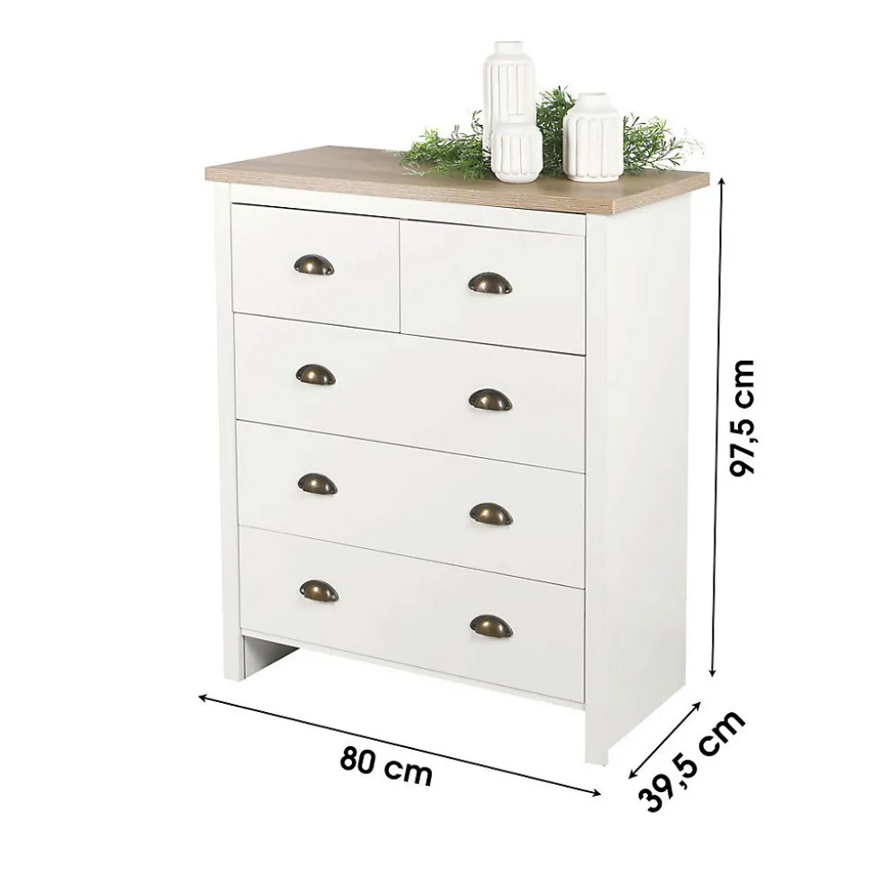 Commode avec 5 tiroirs design colonial 80x39,5xH97,5 cm, coloris blanc et plateau chene clair Collection MADERA