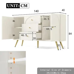 Commode avec 3 tiroirs et 2 portes - pieds dorés - en Panneaux de particules - Blanc