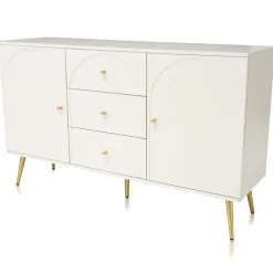 Commode avec 3 tiroirs et 2 portes - pieds dorés - en Panneaux de particules - Blanc
