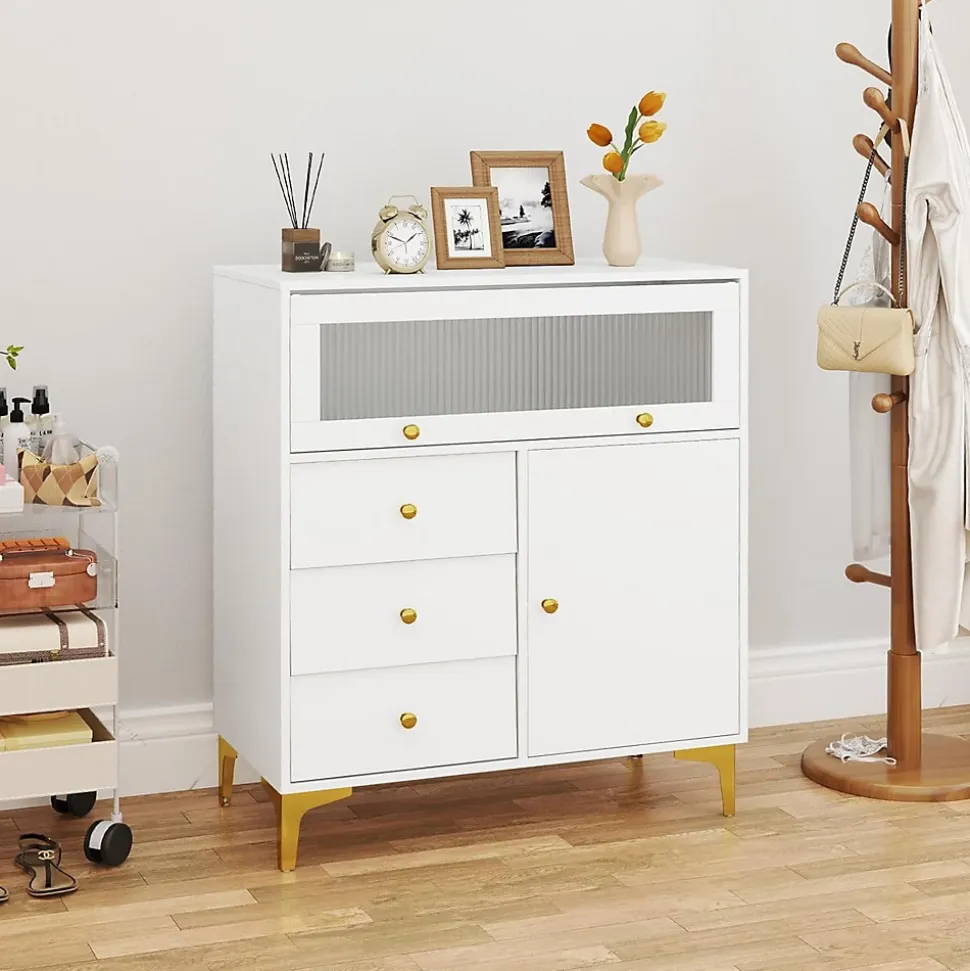 Commode avec 3 Tiroirs et 2 Compartiments Clôturés-1 Porte Ouverte et 1 Porte Rabattable-Pieds en Métal Solides-80x40x95,5CM