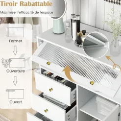 Commode avec 3 Tiroirs et 2 Compartiments Clôturés-1 Porte Ouverte et 1 Porte Rabattable-Pieds en Métal Solides-80x40x95,5CM