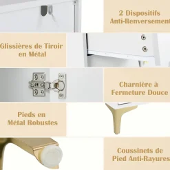 Commode avec 3 Tiroirs et 2 Compartiments Clôturés-1 Porte Ouverte et 1 Porte Rabattable-Pieds en Métal Solides-80x40x95,5CM