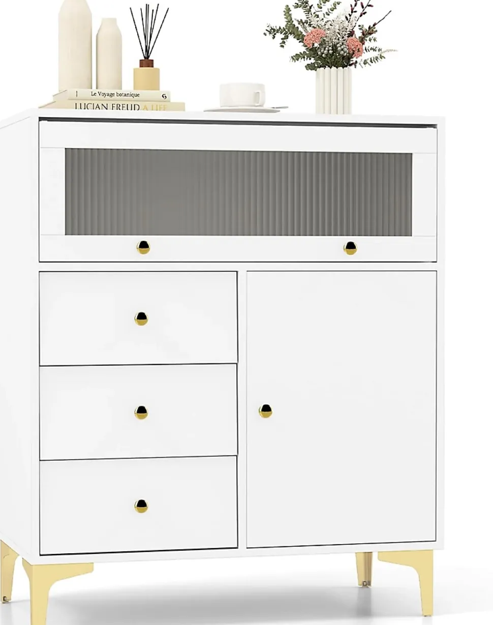 Commode avec 3 Tiroirs et 2 Compartiments Clôturés-1 Porte Ouverte et 1 Porte Rabattable-Pieds en Métal Solides-80x40x95,5CM