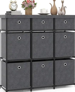 Commode avec 6/9 Tiroirs Pliables, Tour de Rangement avec Bacs en Tissu à Tirer Facilement & Cadre en Métal(9 Tiroirs,Gris)