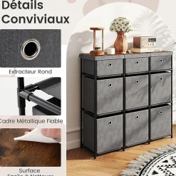 Commode avec 6/9 Tiroirs Pliables, Tour de Rangement avec Bacs en Tissu à Tirer Facilement & Cadre en Métal(9 Tiroirs,Gris)