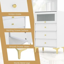 Commode avec 3 Tiroirs 60x0x95,5CM avec Placard à Porte en Verre et Tiroirs Coulissants-Pieds Métalliques Dorés,Blanc