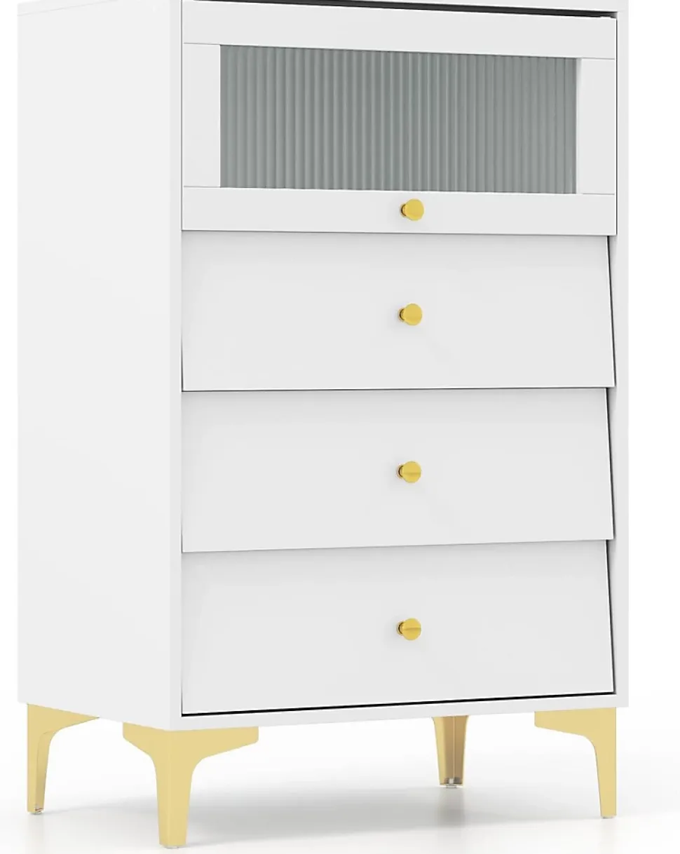 Commode avec 3 Tiroirs 60x0x95,5CM avec Placard à Porte en Verre et Tiroirs Coulissants-Pieds Métalliques Dorés,Blanc