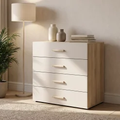 Commode beige cachemire et effet chêne avec 4 tiroirs GoodHome Atomia H. 75 x L. 75 x P. 58 cm