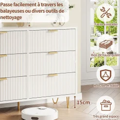 Commode Blanche 6 Tiroirs, Meuble de Rangement, avec Pieds en Métal Doré, en Bois d'Ingénierie, pour Salon,100x40x75cm